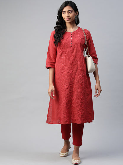 MGAK229RDL Red Cotton Kurta- A Line
