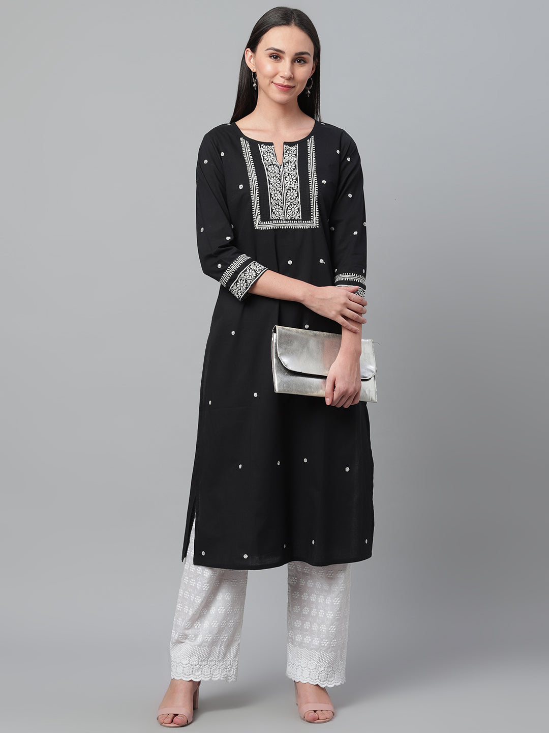 Black & White Chikankari Embroidered Straight Kurta