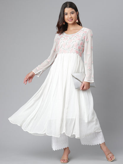White Georgette Hand-Embroidered Flared Kurta