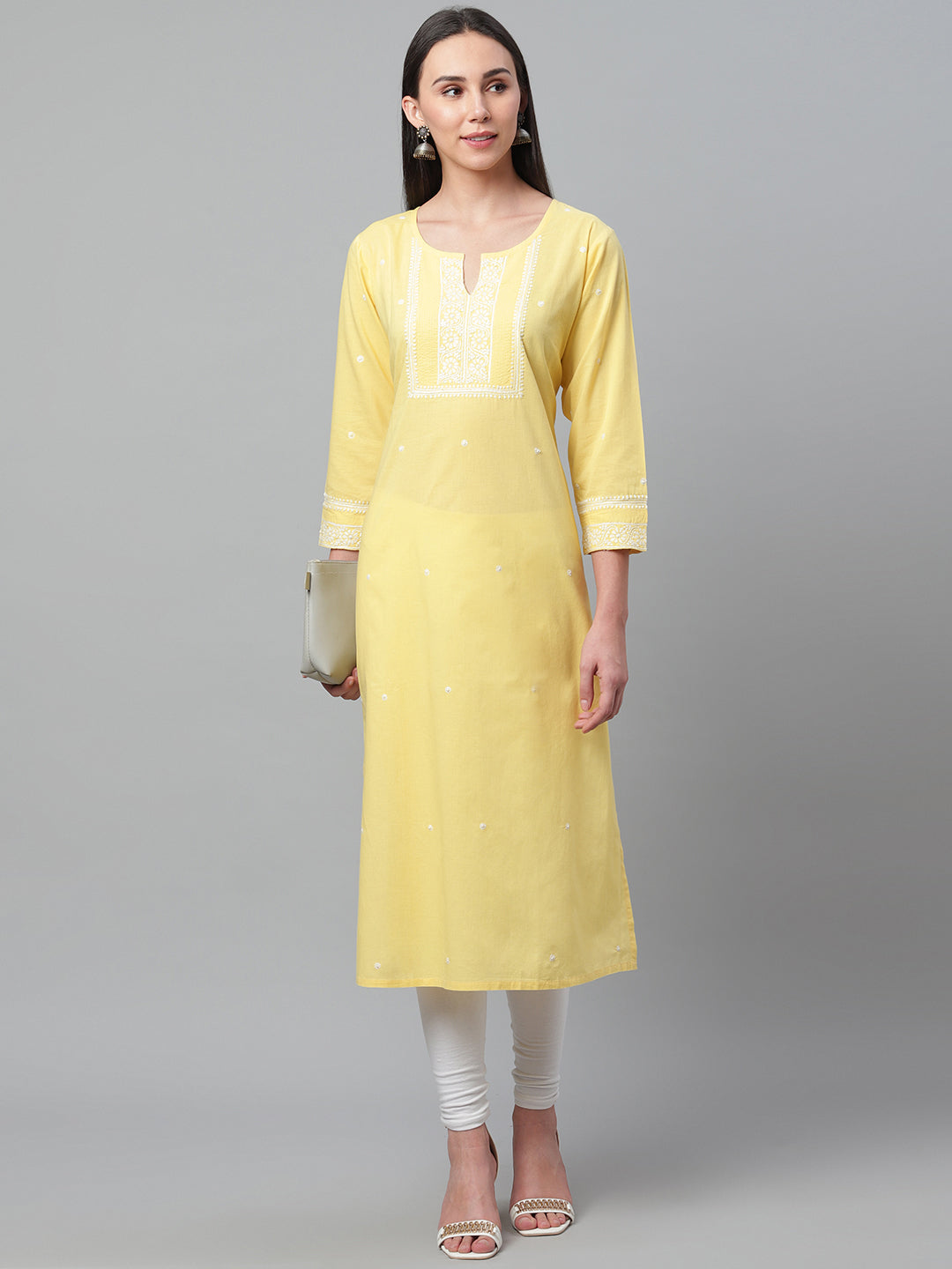 Lemon Yellow Long Chikankari Kurta