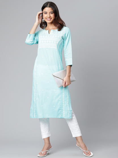 Sky Blue Self-Striped Chikankari Kurta