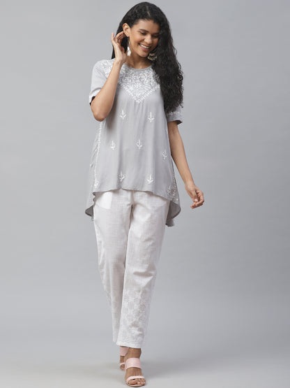 Grey Assymetric Chikankari Top