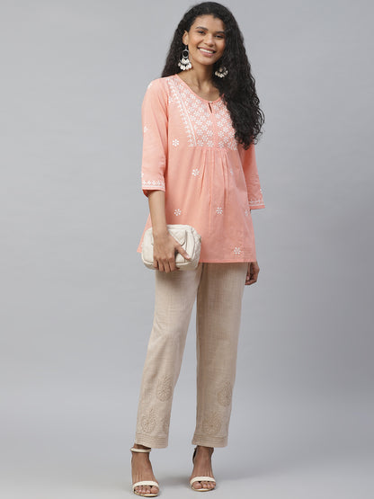 Peach Chikankari Gathered Top