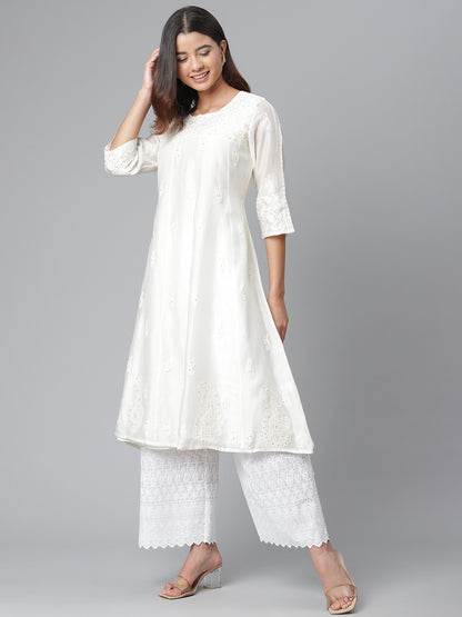 Off White Pure Chanderi Silk Chikankari Kurta