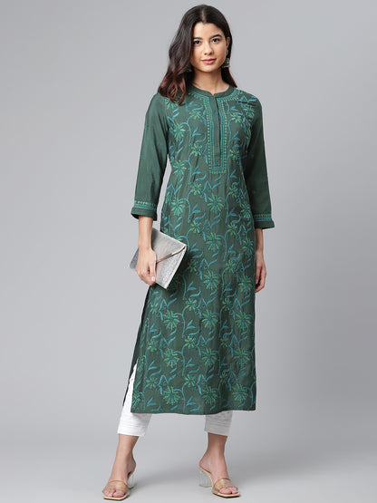 Bottle Green Embroidered Poly Silk Kurta