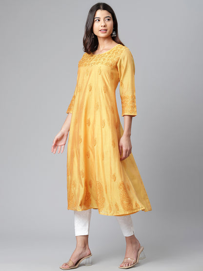 Mustard Pure Chanderi Silk Chikankari Kurta