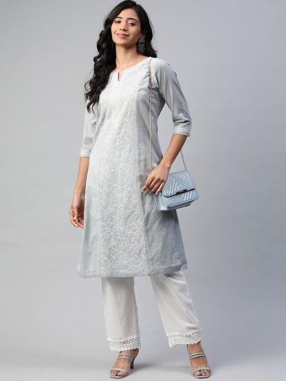 Grey Chikankari Straight Kurta