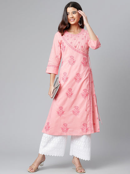164 Pink Chikankari Angarkha with Tie-ups