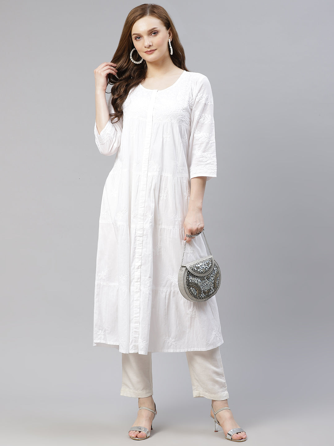 White Embroidered Front-Open Tiered Kurta