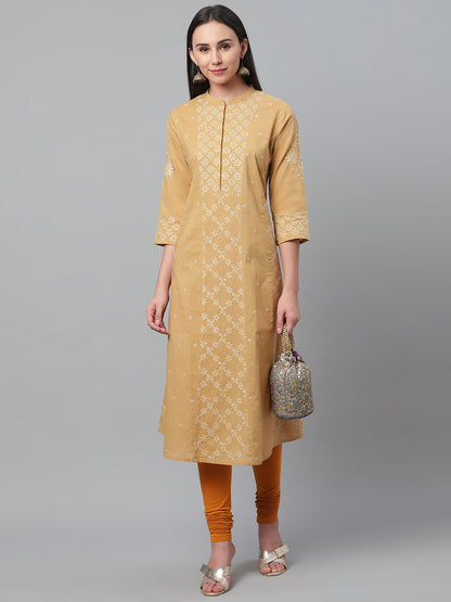 Beige and White A-Line Chikankari Kurta