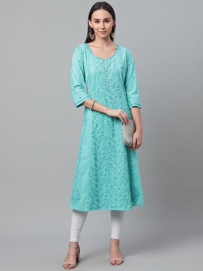 Turquoise A-Line Chikankari Kurta