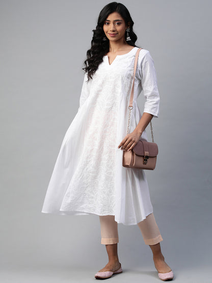 White Chikankari Flared Kurta with Side Gathers