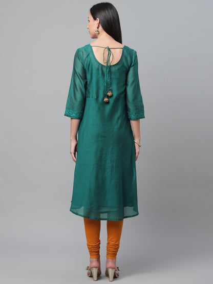 Bottle Green Chanderi A-Line Kurta With Tassels
