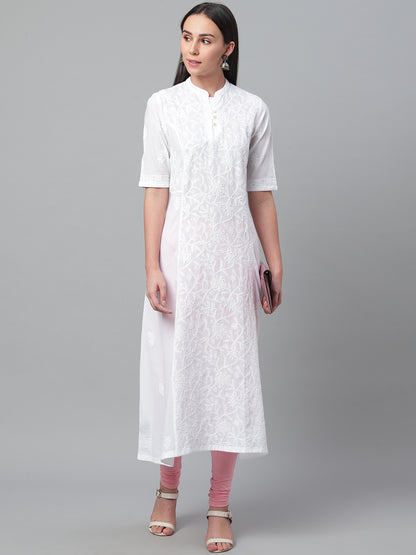 White Chikankari A-line Collared Kurta
