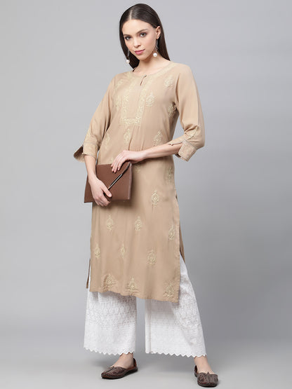 Beige Chikankari Kurta with Pockets