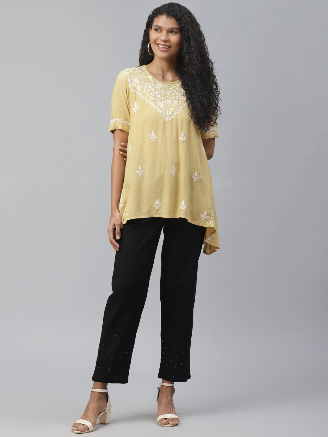 Beige Chikankari Embroidered High-Low Top