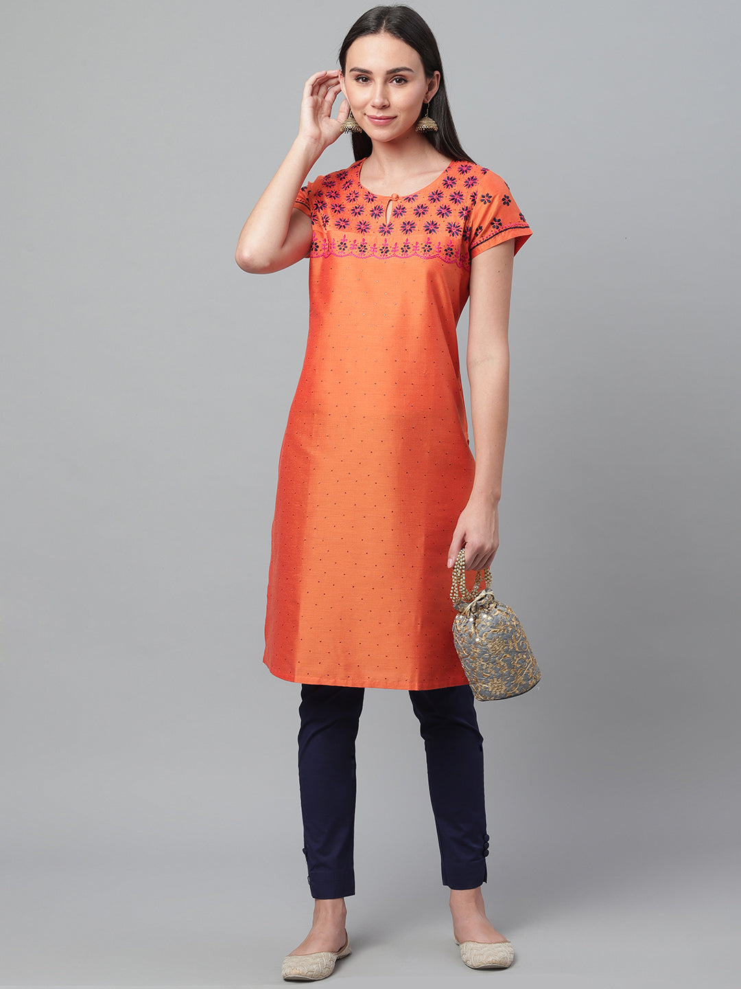 Orange Silk Kurta with Embroidery and Mukaish Work
