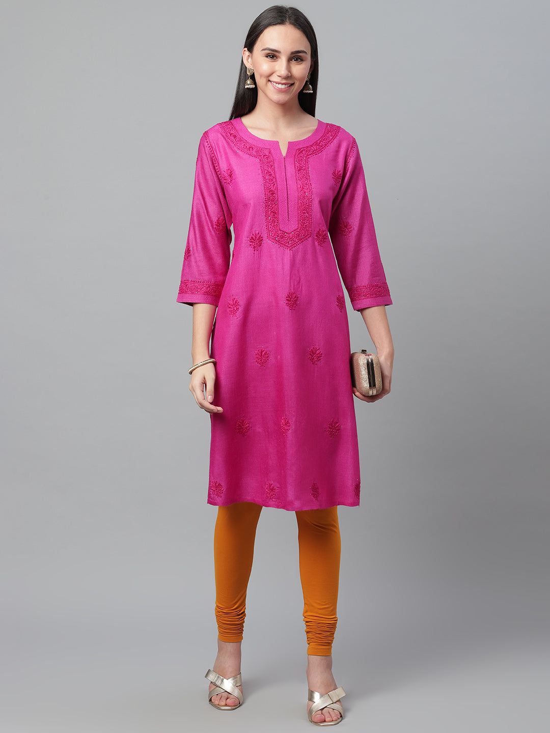 Magenta Pure Silk Kurta with Embroidered Neckline
