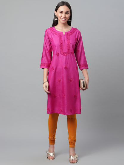 Magenta Pure Silk Kurta with Embroidered Neckline