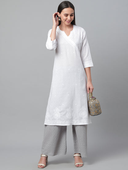 White Embroidered Dobby Angarkha Style Kurta