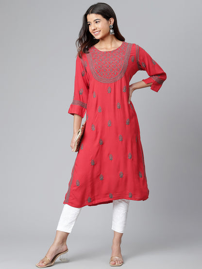 Rayon Red Chikankari Kurta