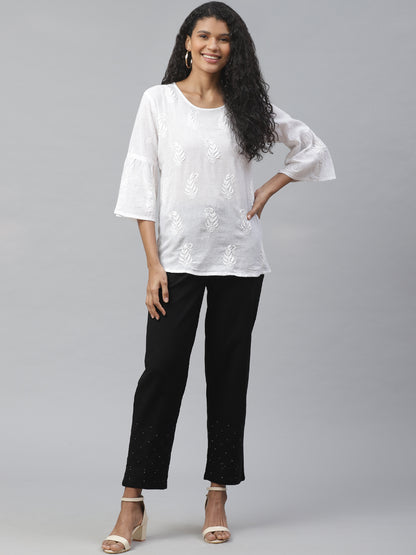 Off White Embroidered Top with Ruffled Sleeves