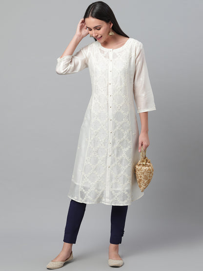 Off-White Chikankari Silk A-Line Kurta