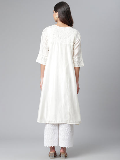 Off White Pure Chanderi Silk Chikankari Kurta
