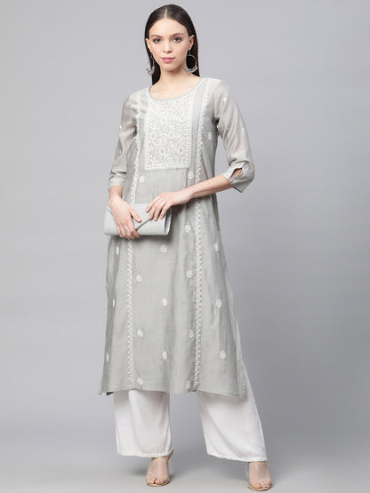 CHKA243GY  Grey Chanderi Silk Chikankari Kurta