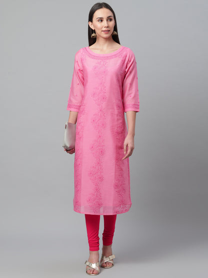 Pink Silk Chikankari Boat Neck Kurta