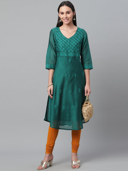 Bottle Green Chanderi A-Line Kurta With Tassels