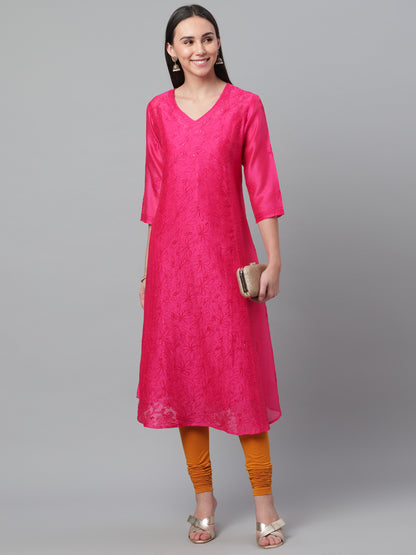 Magenta Embroidered Chanderi Anarkali Kurta
