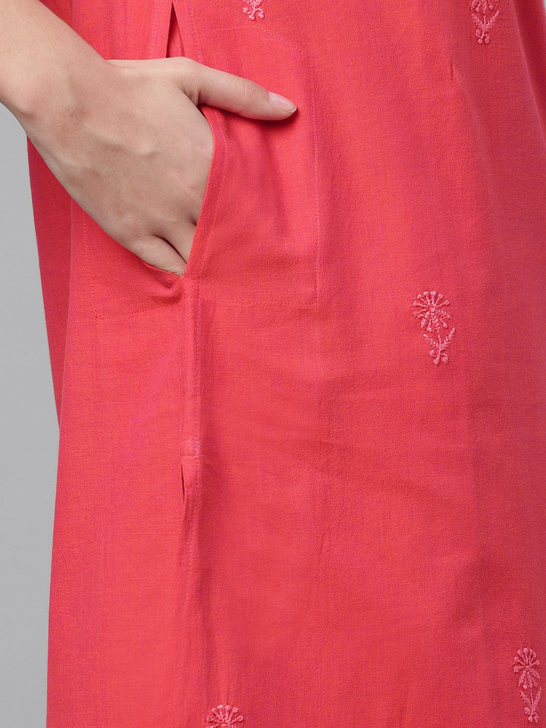 Mangalgiri Pink Embroidered Kurta with Pocket