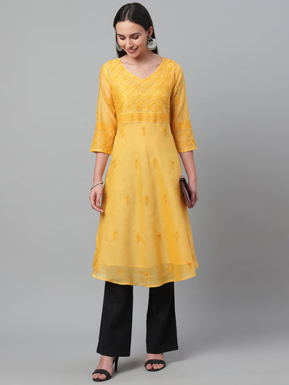 Yellow Chikankari Silk A-Line Kurta