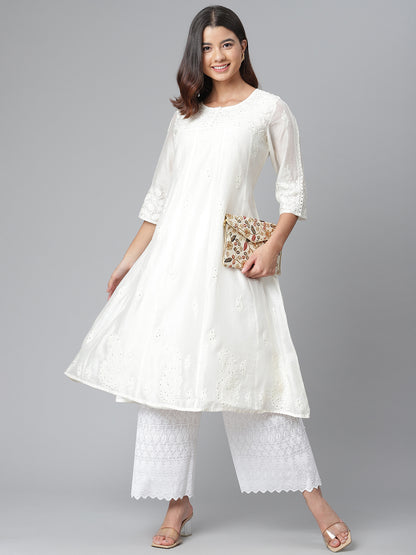 Off White Pure Chanderi Silk Chikankari Kurta