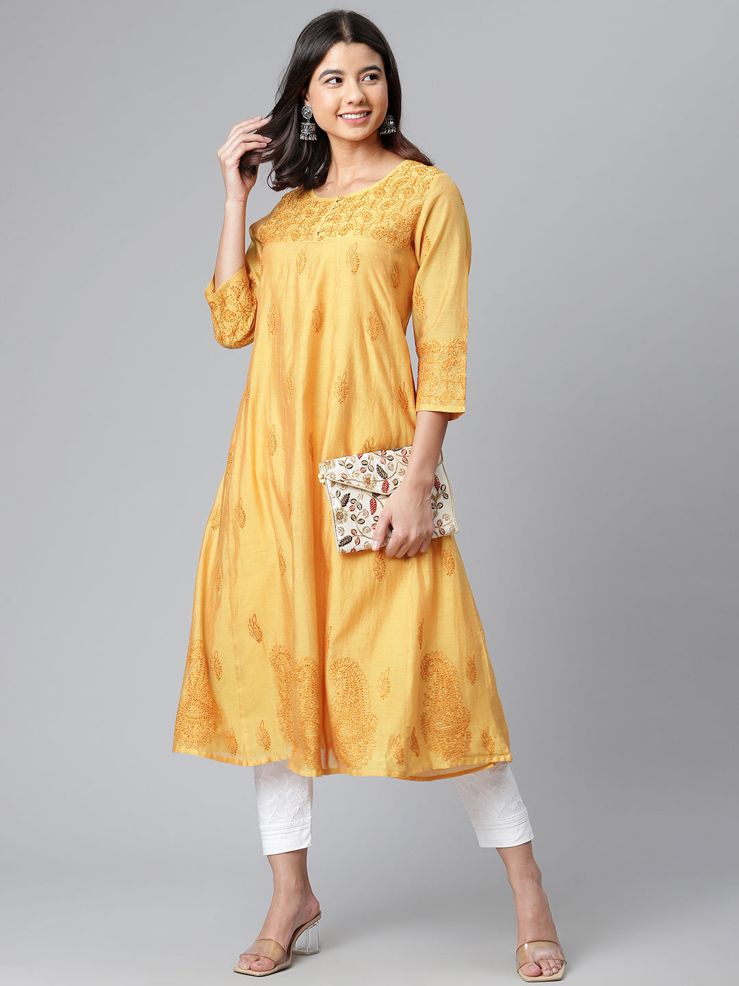 Mustard Pure Chanderi Silk Chikankari Kurta akheri