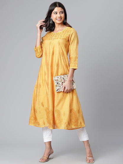 Mustard Pure Chanderi Silk Chikankari Kurta