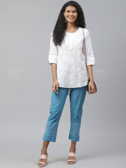 White Chikankari Embroidered High-Low Top