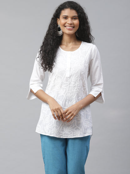 White Chikankari Embroidered High-Low Top