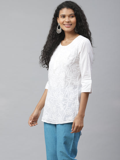 White Chikankari Embroidered High-Low Top