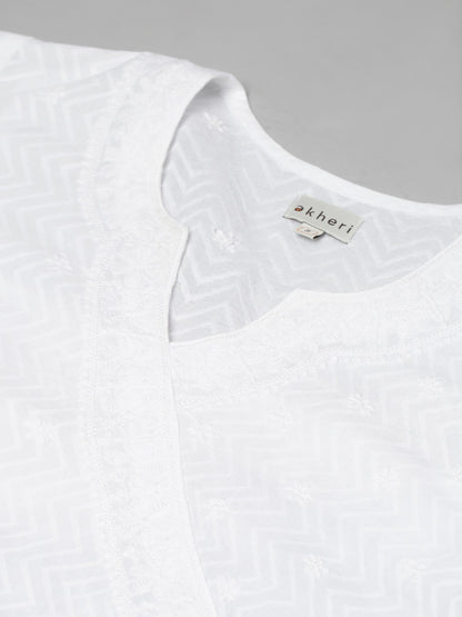 White Embroidered Dobby Angarkha Style Kurta